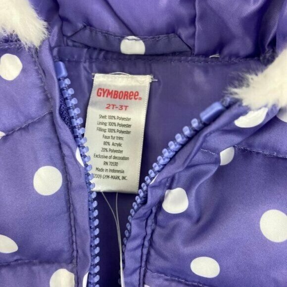 Gymboree Girls Size 2T Purple Polka Dot Hooded Puffer Vest Fur Trim NWT - Picture 5 of 6